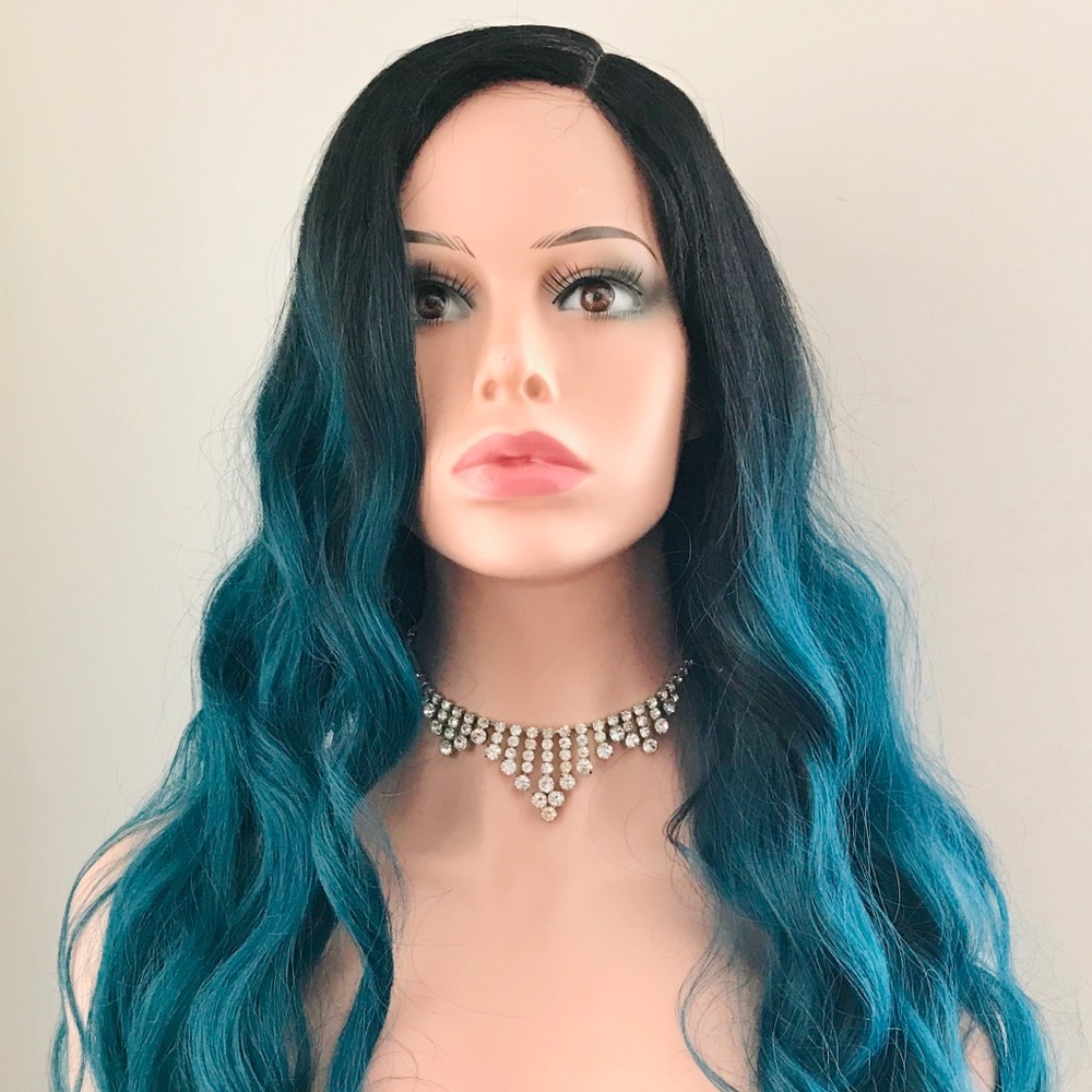 Very Pretty “Put On & Go” Ombre Teal Premium Fiber Wig for Events.